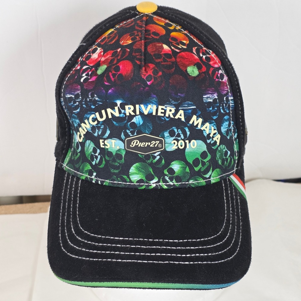 Pier 27 Cancun Riviera Maya Rainbow Skull Black Snapback Hat Mexico Men OSFM